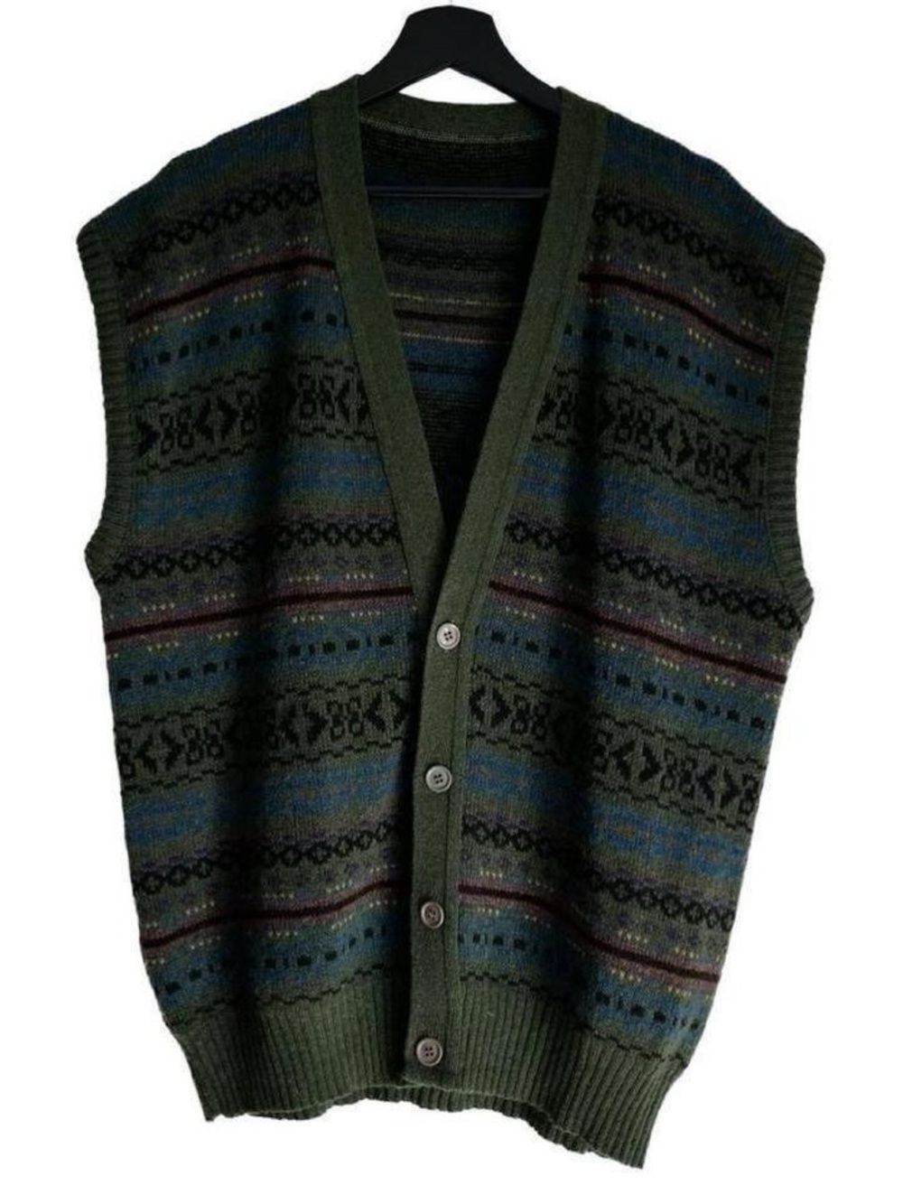 Made in France Vintage Geometric Knit Button-Front Sweater Vest Top Cardigan 90s